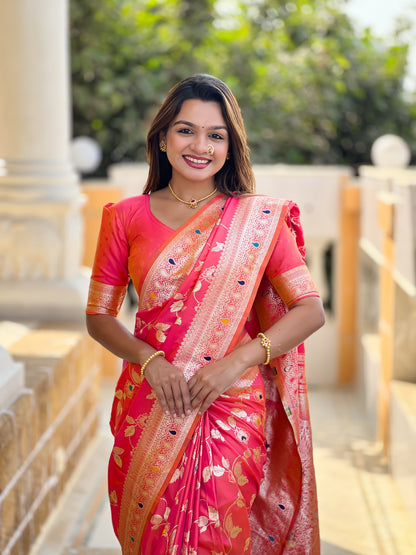 Soft Banarasi Silk Red Color Festival Wear Weaving Saree