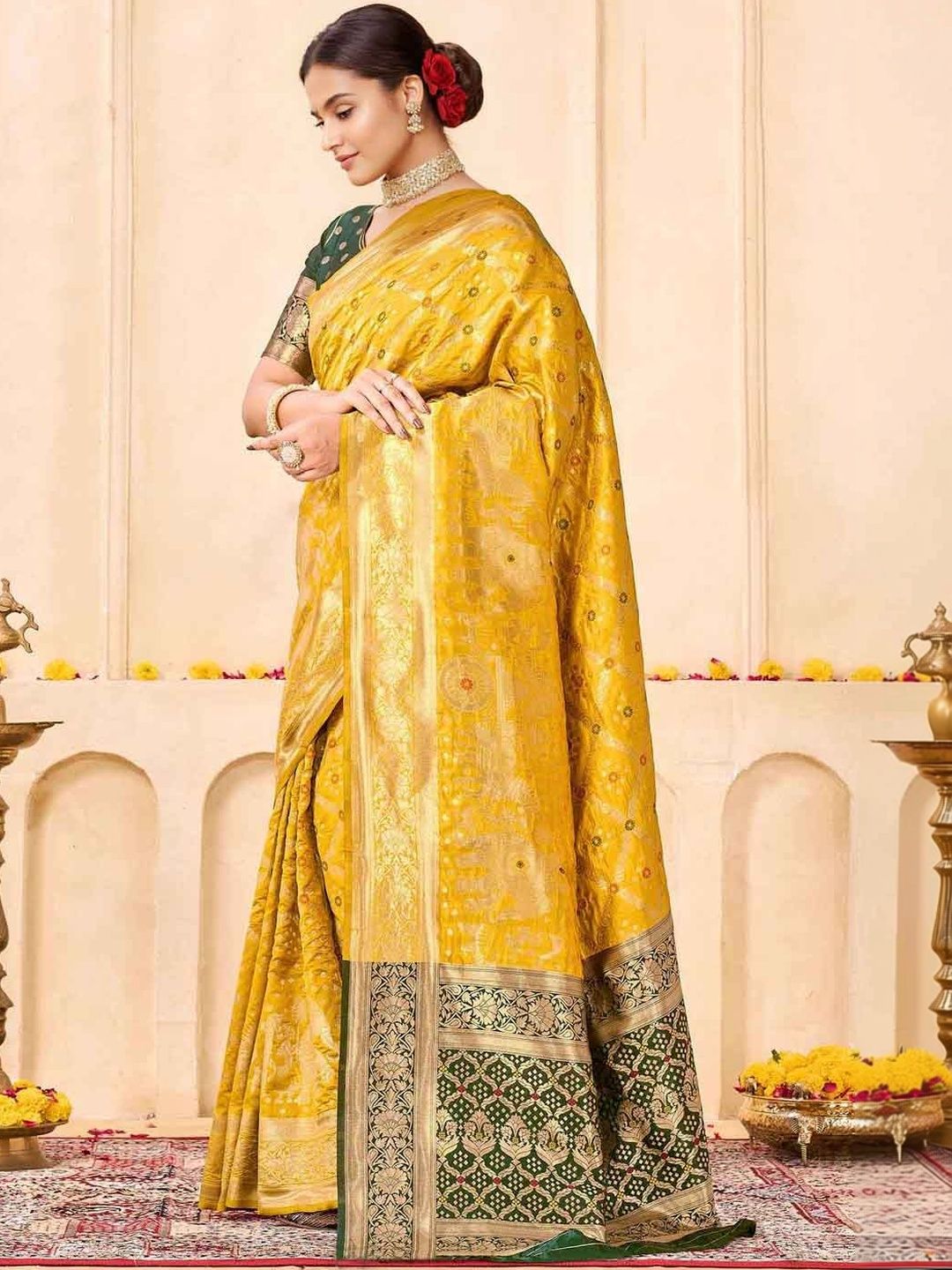 KeKoVi Women's Dark Green Banarasi Art Silk Saree with Rich Zari Border & Red Unstitched Blouse | Traditional Wedding & Festive Wear