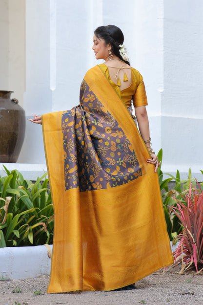 KeKoVi Olive Green Banarasi Silk Saree with Rich Zari Floral Weaving & Unstitched Blouse | Festive, Wedding & Party Wear