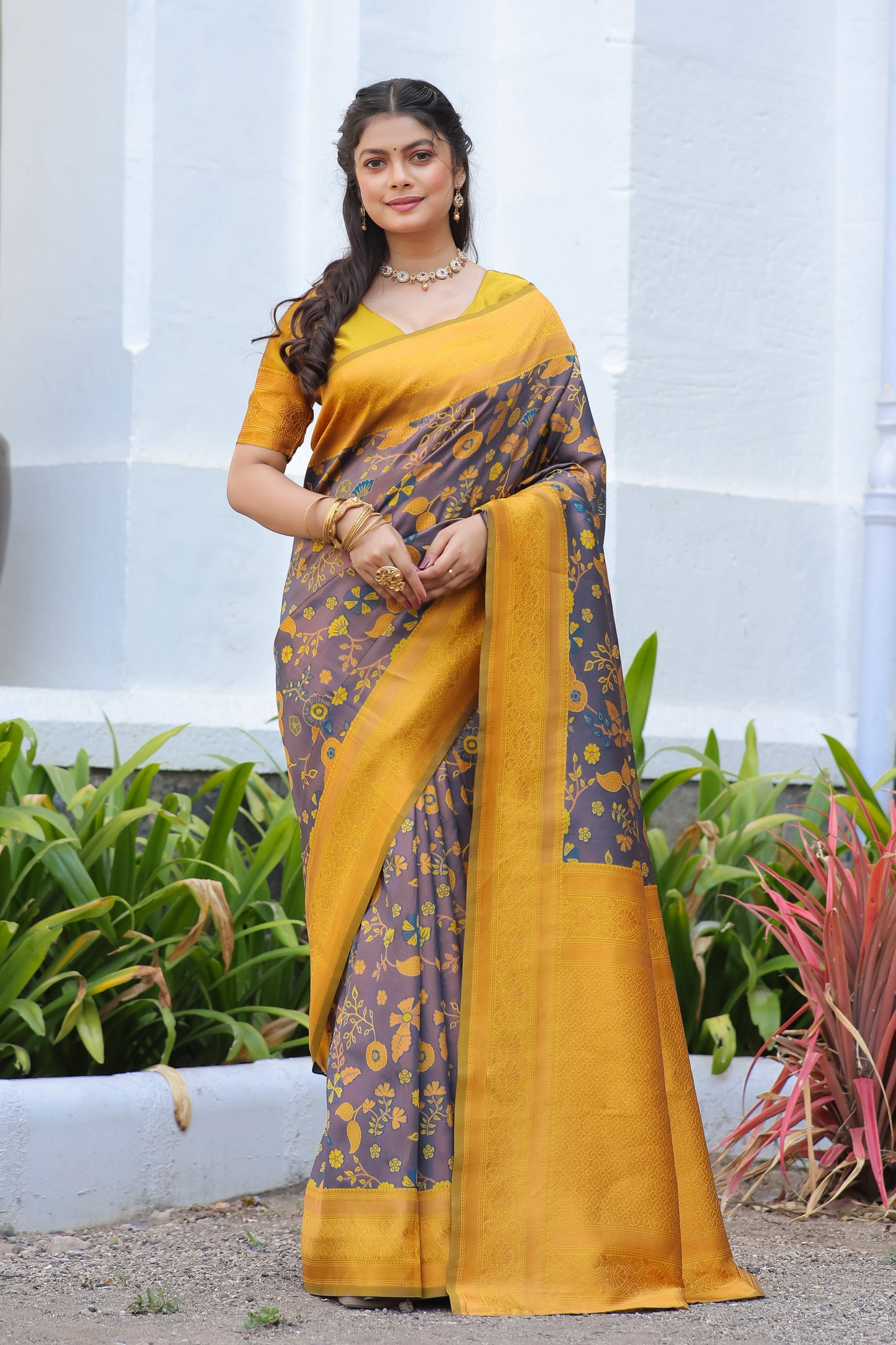 KeKoVi Olive Green Banarasi Silk Saree with Rich Zari Floral Weaving & Unstitched Blouse | Festive, Wedding & Party Wear