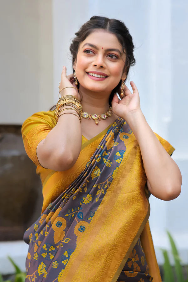KeKoVi Olive Green Banarasi Silk Saree with Rich Zari Floral Weaving & Unstitched Blouse | Festive, Wedding & Party Wear