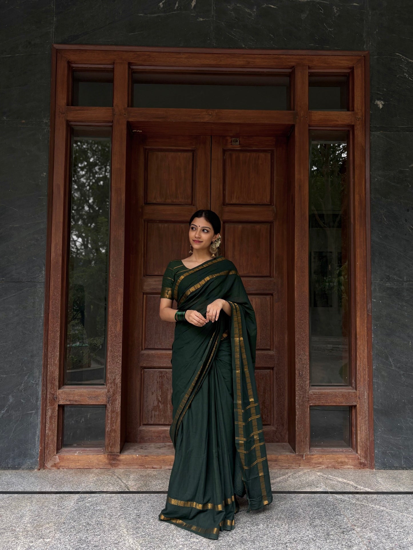 KeKoVi Dark Forest Green Soft Silk Saree with Elegant Gold Border | Traditional Festive Wear for Women