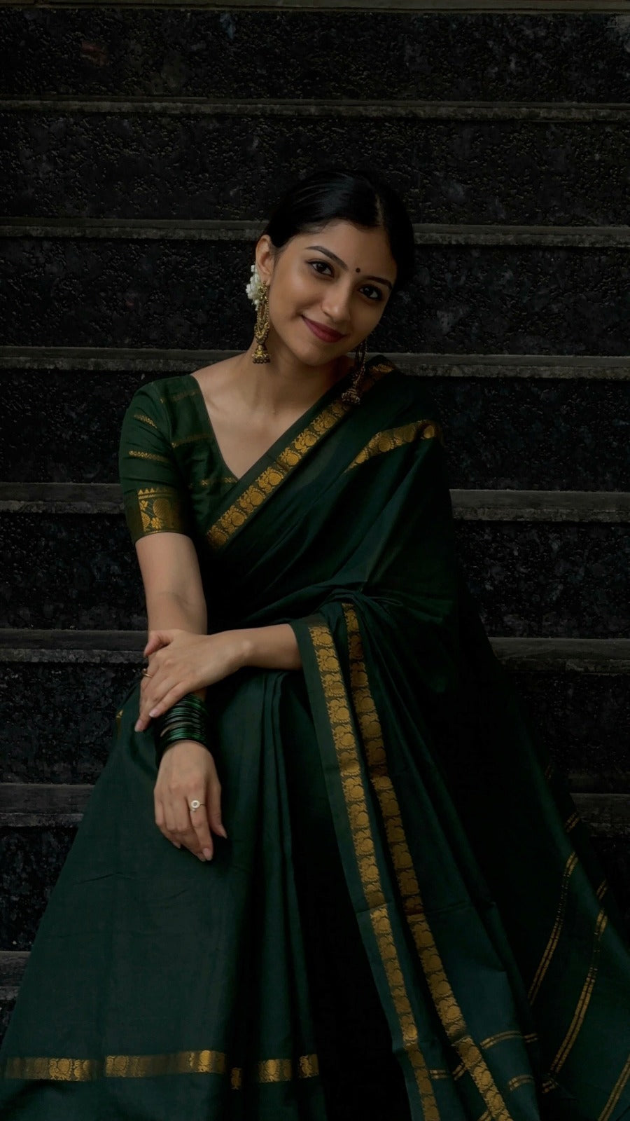 KeKoVi Dark Forest Green Soft Silk Saree with Elegant Gold Border | Traditional Festive Wear for Women