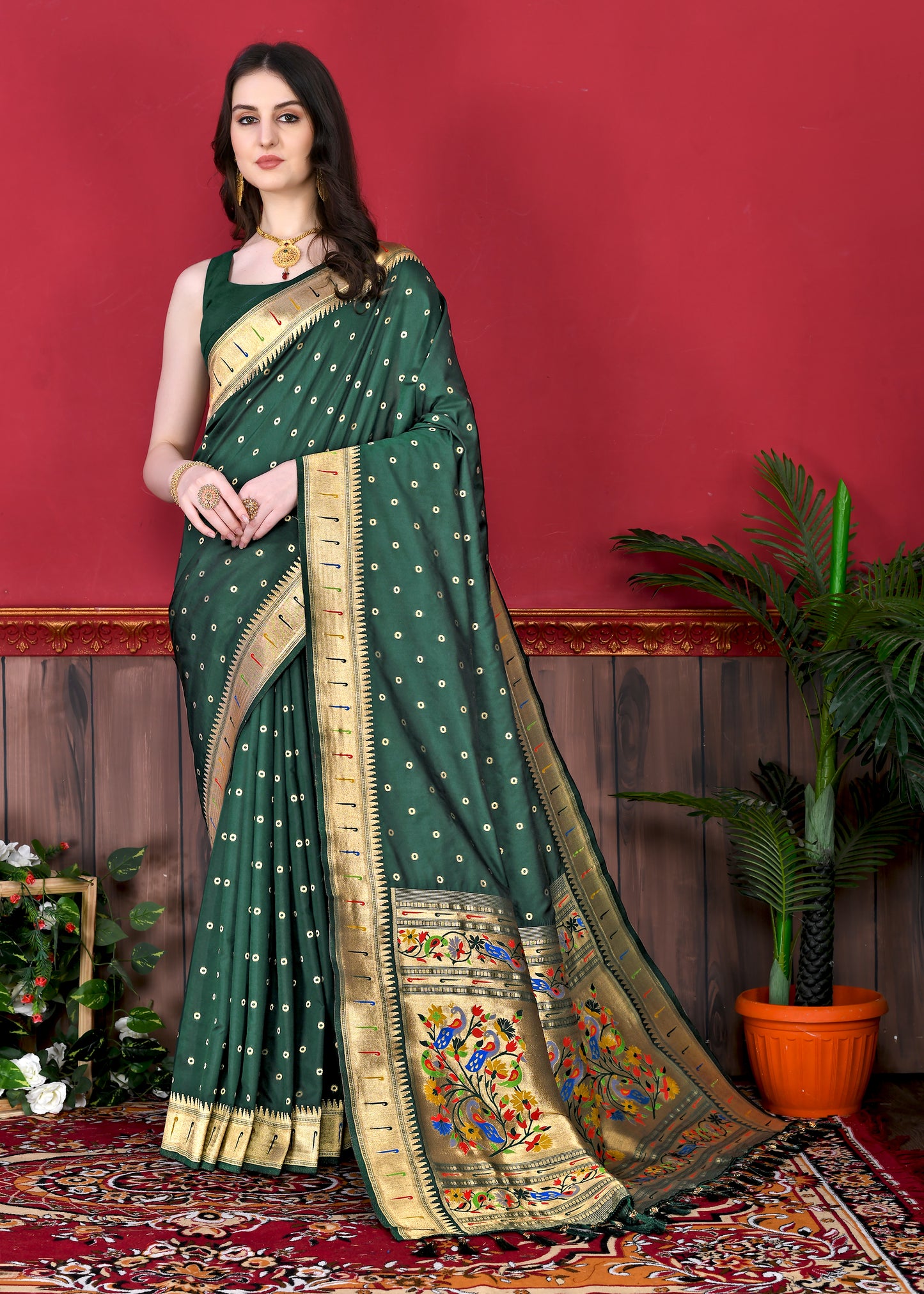 Soft Paithani Silk Saree with Gold Zari Weaving Motifs