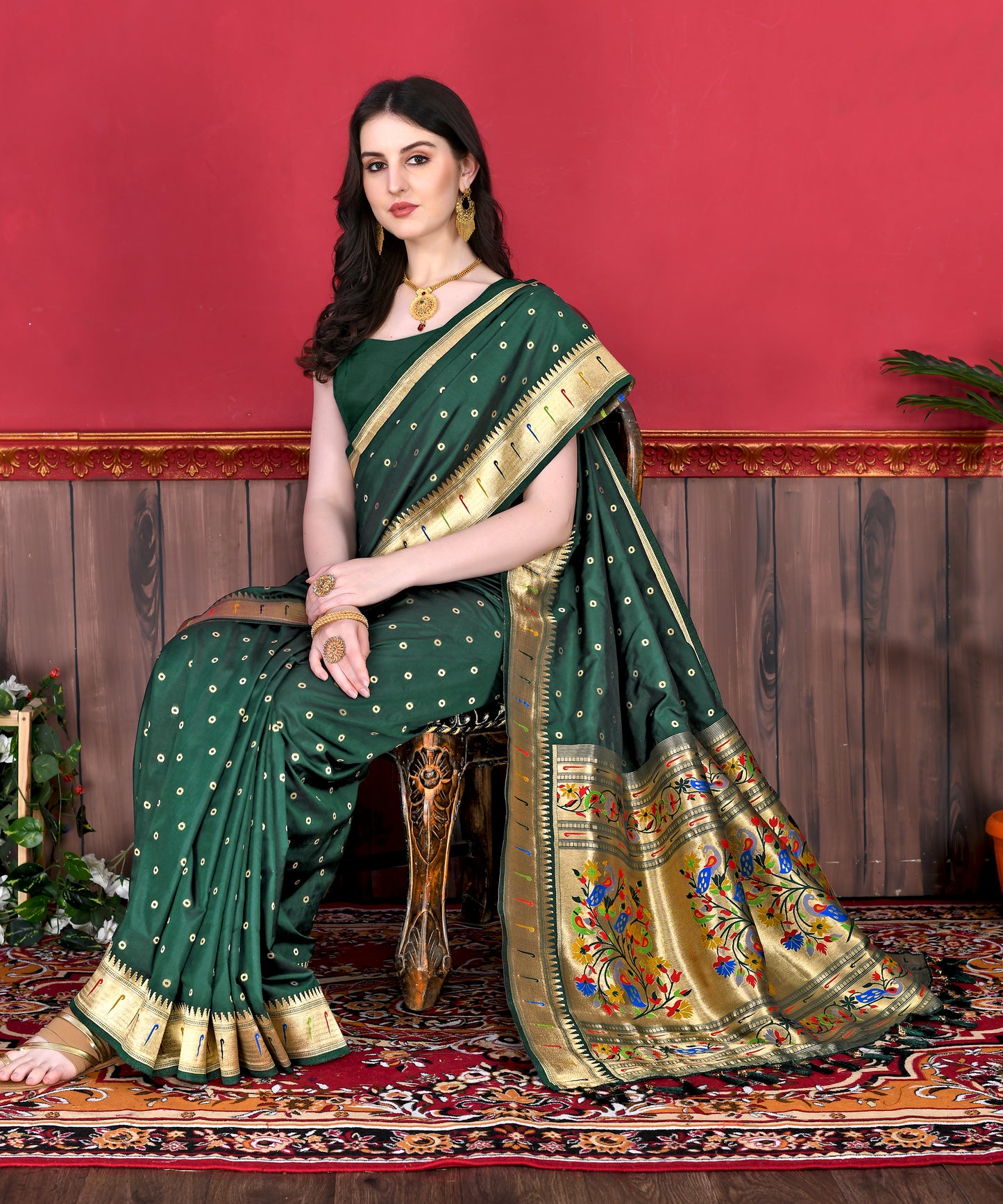 Soft Paithani Silk Saree with Gold Zari Weaving Motifs