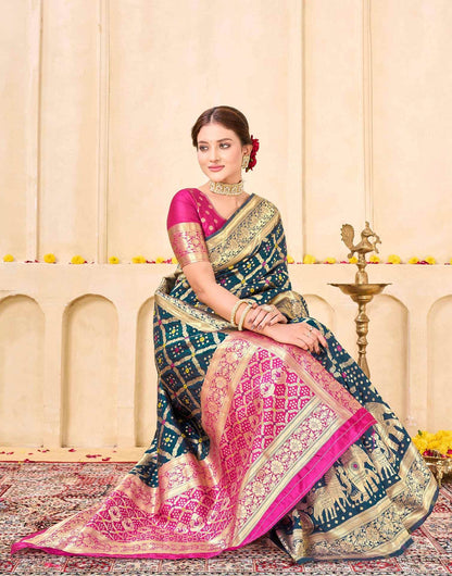 KeKoVi Women's Dark Green Banarasi Art Silk Saree with Rich Zari Border & Red Unstitched Blouse | Traditional Wedding & Festive Wear