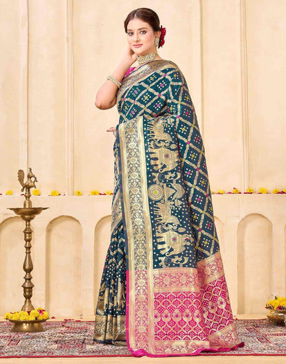 KeKoVi Women's Dark Green Banarasi Art Silk Saree with Rich Zari Border & Red Unstitched Blouse | Traditional Wedding & Festive Wear