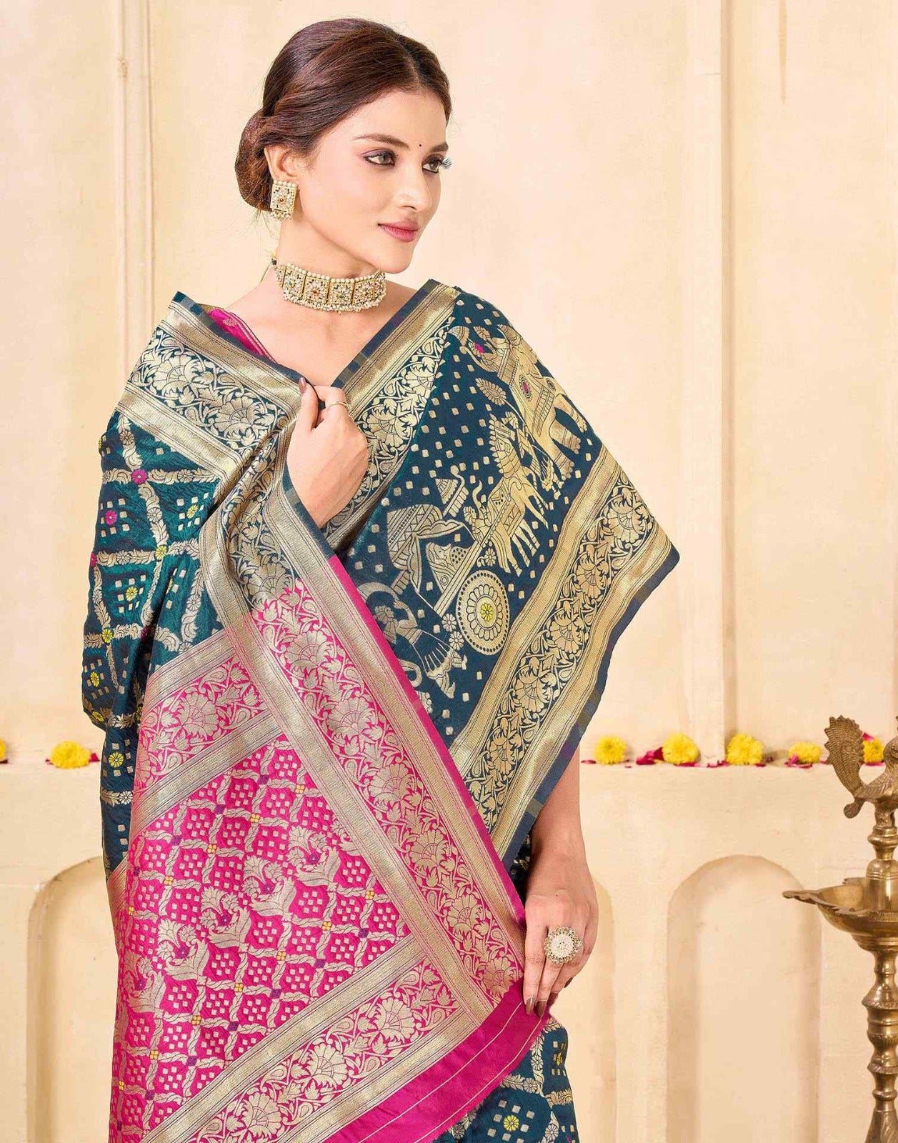 KeKoVi Women's Dark Green Banarasi Art Silk Saree with Rich Zari Border & Red Unstitched Blouse | Traditional Wedding & Festive Wear