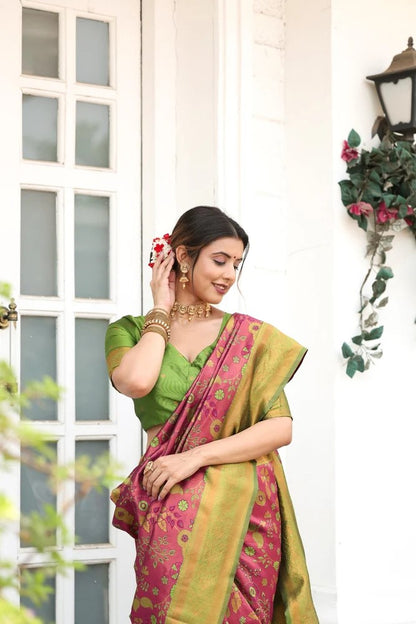 KeKoVi Olive Green Banarasi Silk Saree with Rich Zari Floral Weaving & Unstitched Blouse | Festive, Wedding & Party Wear