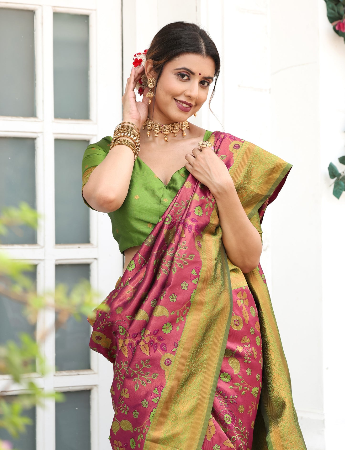 KeKoVi Olive Green Banarasi Silk Saree with Rich Zari Floral Weaving & Unstitched Blouse | Festive, Wedding & Party Wear