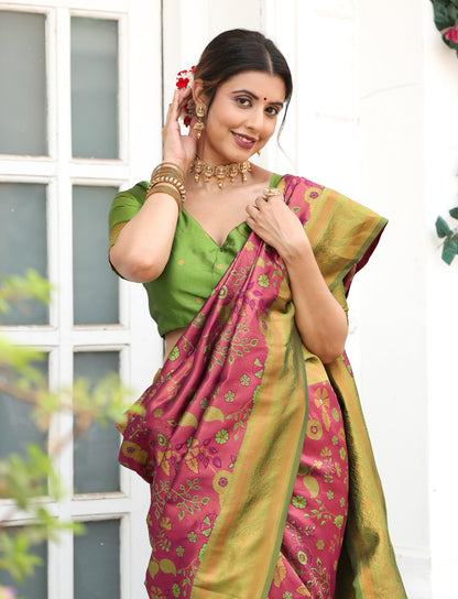 KeKoVi Olive Green Banarasi Silk Saree with Rich Zari Floral Weaving & Unstitched Blouse | Festive, Wedding & Party Wear