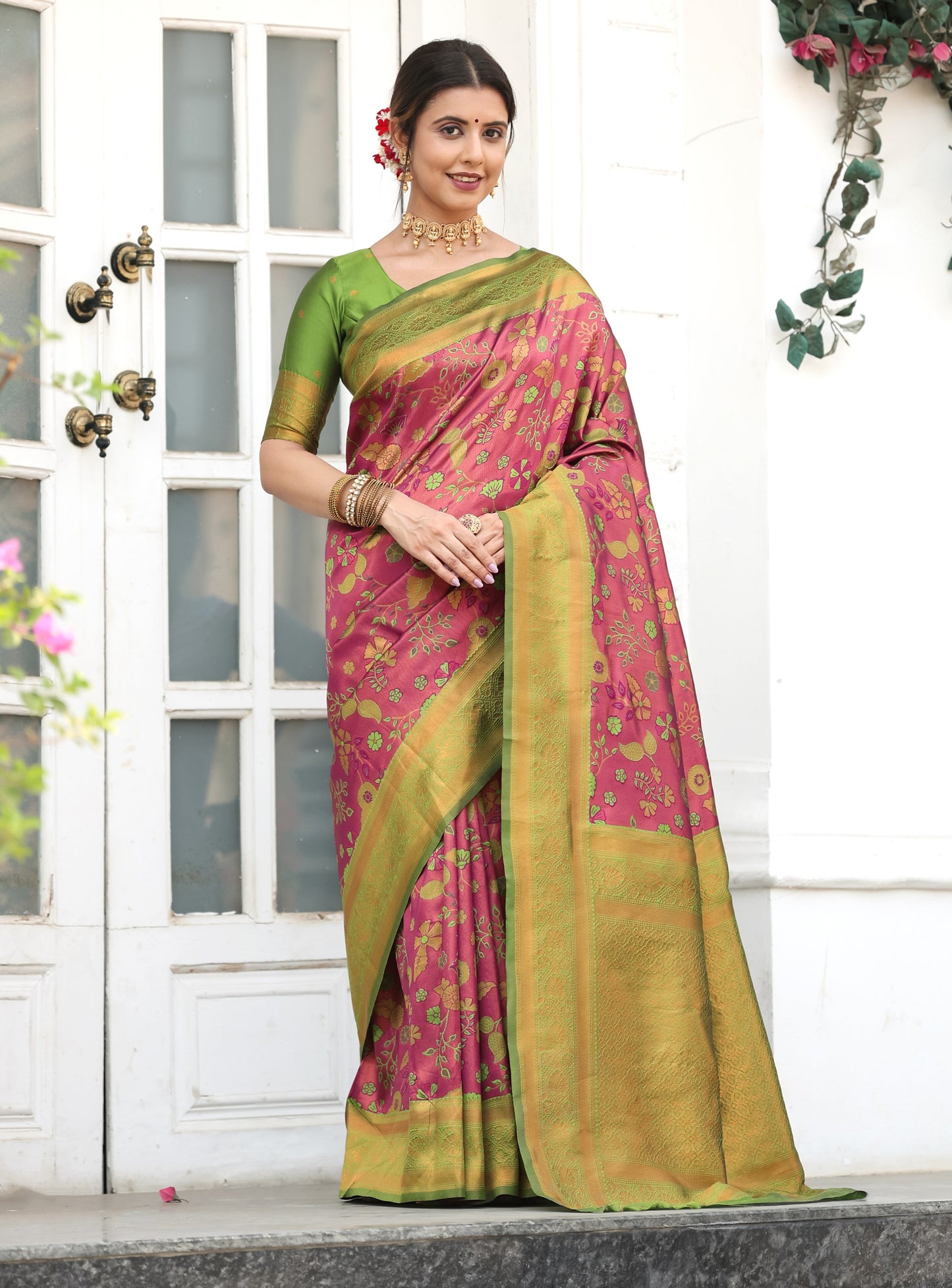 KeKoVi Olive Green Banarasi Silk Saree with Rich Zari Floral Weaving & Unstitched Blouse | Festive, Wedding & Party Wear