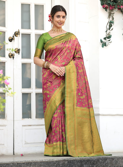 KeKoVi Olive Green Banarasi Silk Saree with Rich Zari Floral Weaving & Unstitched Blouse | Festive, Wedding & Party Wear
