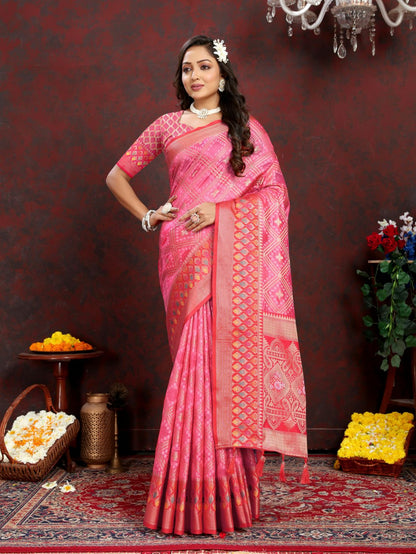 Light Pink & Red Color Women’s Zari Woven Designer Soft Organza Silk Saree and Rich Pallu Weawing Unstitched Blouse With Blouse Piece.