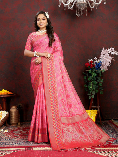 Light Pink & Red Color Women’s Zari Woven Designer Soft Organza Silk Saree and Rich Pallu Weawing Unstitched Blouse With Blouse Piece.