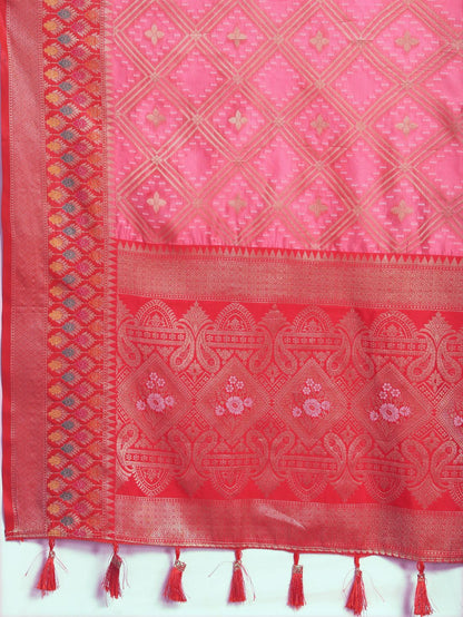 Light Pink & Red Color Women’s Zari Woven Designer Soft Organza Silk Saree and Rich Pallu Weawing Unstitched Blouse With Blouse Piece.