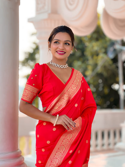 Red Woven Design Soft Silk Saree Set