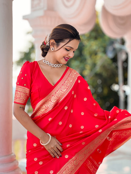 Red Woven Design Soft Silk Saree Set