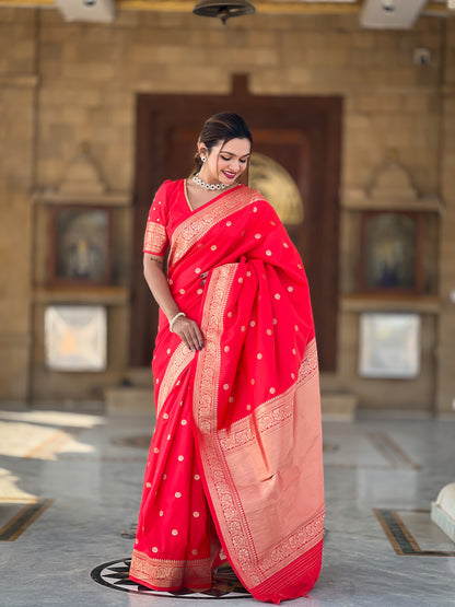 Red Woven Design Soft Silk Saree Set