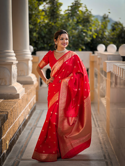 Red Woven Design Soft Silk Saree Set