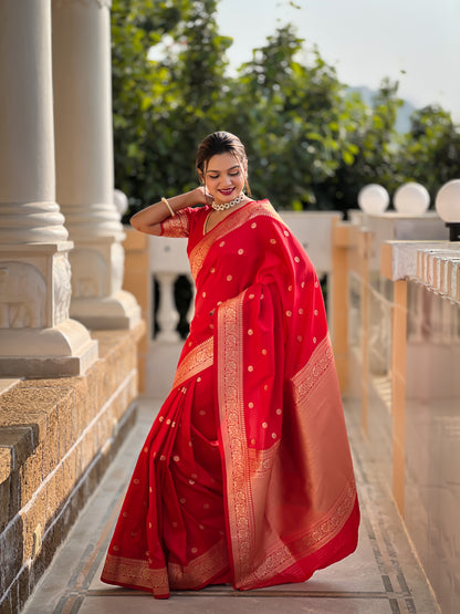 Red Woven Design Soft Silk Saree Set