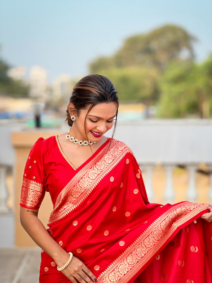 Red Woven Design Soft Silk Saree Set