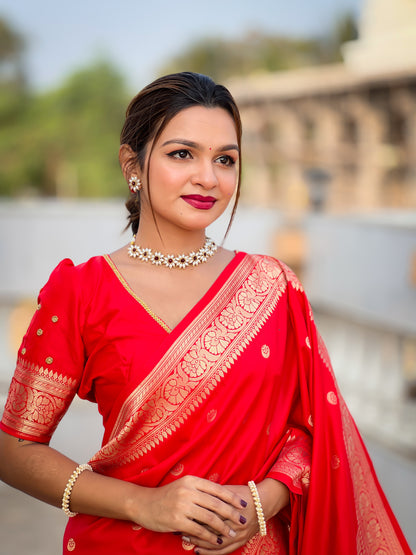 Red Woven Design Soft Silk Saree Set