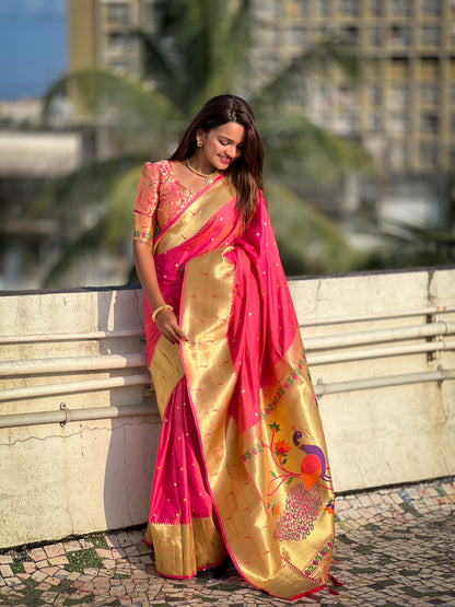 Pink Color Paithani Big Border Woven Saree