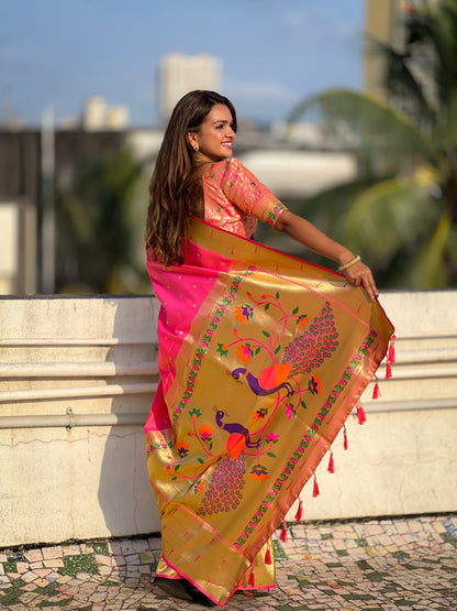 Pink Color Paithani Big Border Woven Saree