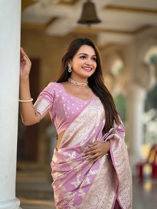Wonderful Baby Pink Soft Banarasi Silk Saree With Attractive Blouse Piece