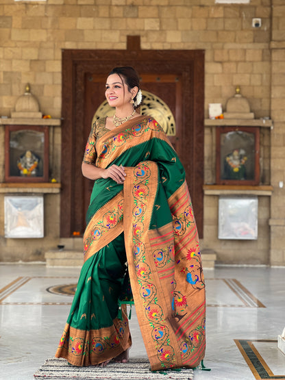 Luxurious Green Paithani Saree With Intricate Gold Minakari Motifs Design