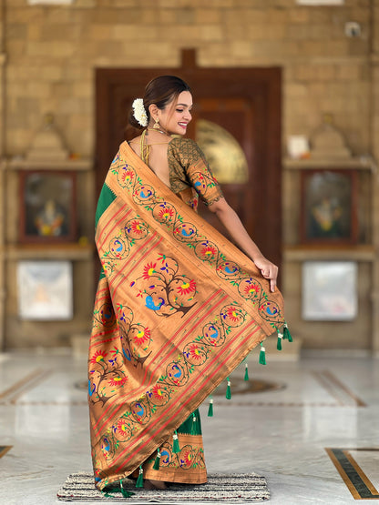 Luxurious Green Paithani Saree With Intricate Gold Minakari Motifs Design