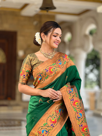 Luxurious Green Paithani Saree With Intricate Gold Minakari Motifs Design