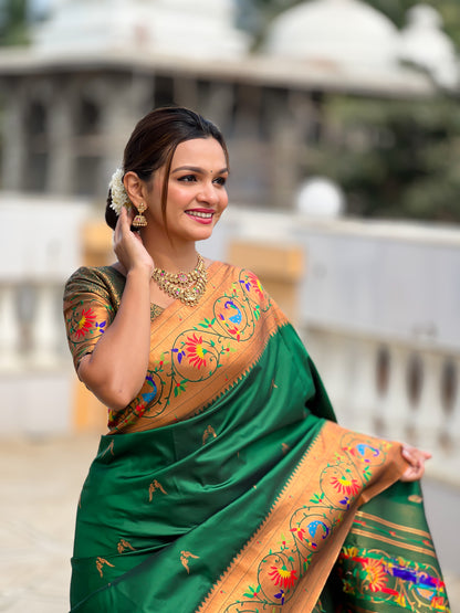 Luxurious Green Paithani Saree With Intricate Gold Minakari Motifs Design