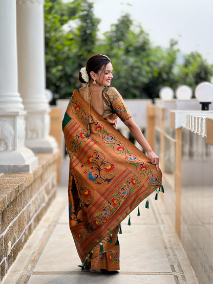Luxurious Green Paithani Saree With Intricate Gold Minakari Motifs Design