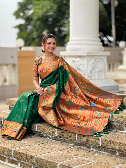 Luxurious Green Paithani Saree With Intricate Gold Minakari Motifs Design