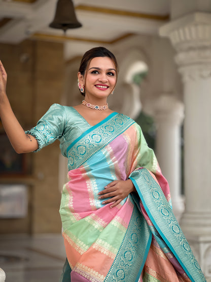 Beautiful Multi Color Pure Banarasi Silk Saree