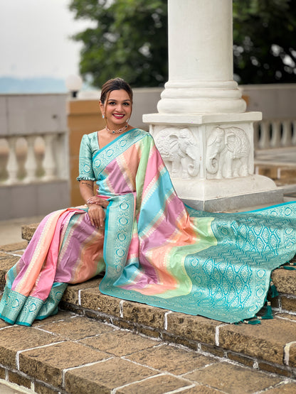 Beautiful Multi Color Pure Banarasi Silk Saree