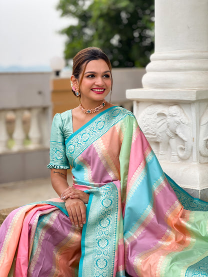 Beautiful Multi Color Pure Banarasi Silk Saree