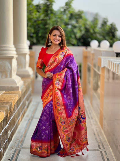 Purple Handwoven Bandhani Silk Saree With Paithani Pallu-Purple