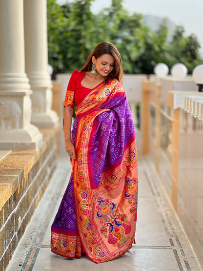 Purple Handwoven Bandhani Silk Saree With Paithani Pallu-Purple