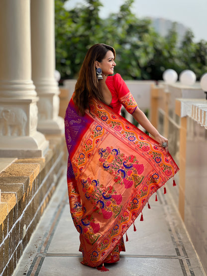 Purple Handwoven Bandhani Silk Saree With Paithani Pallu-Purple