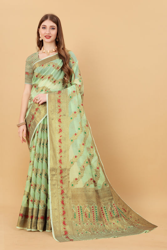 Soft cotton  saree with zari  weawing design  and Rich Zari weawing Pallu with  zari weawing  border