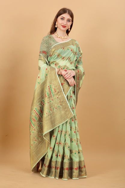 Soft cotton  saree with zari  weawing design  and Rich Zari weawing Pallu with  zari weawing  border