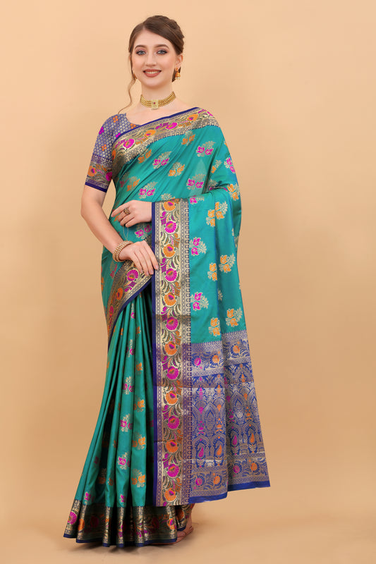 Soft Silk saree with Meenakari weawing design  and Rich Zari weawing Pallu with  zari weawing  border