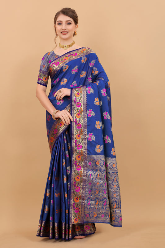 Soft Silk saree with Meenakari weawing design  and Rich Zari weawing Pallu with  zari weawing  border