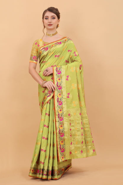 Soft Silk saree with Meenakari weawing design  and Rich Zari weawing Pallu with  zari weawing  border