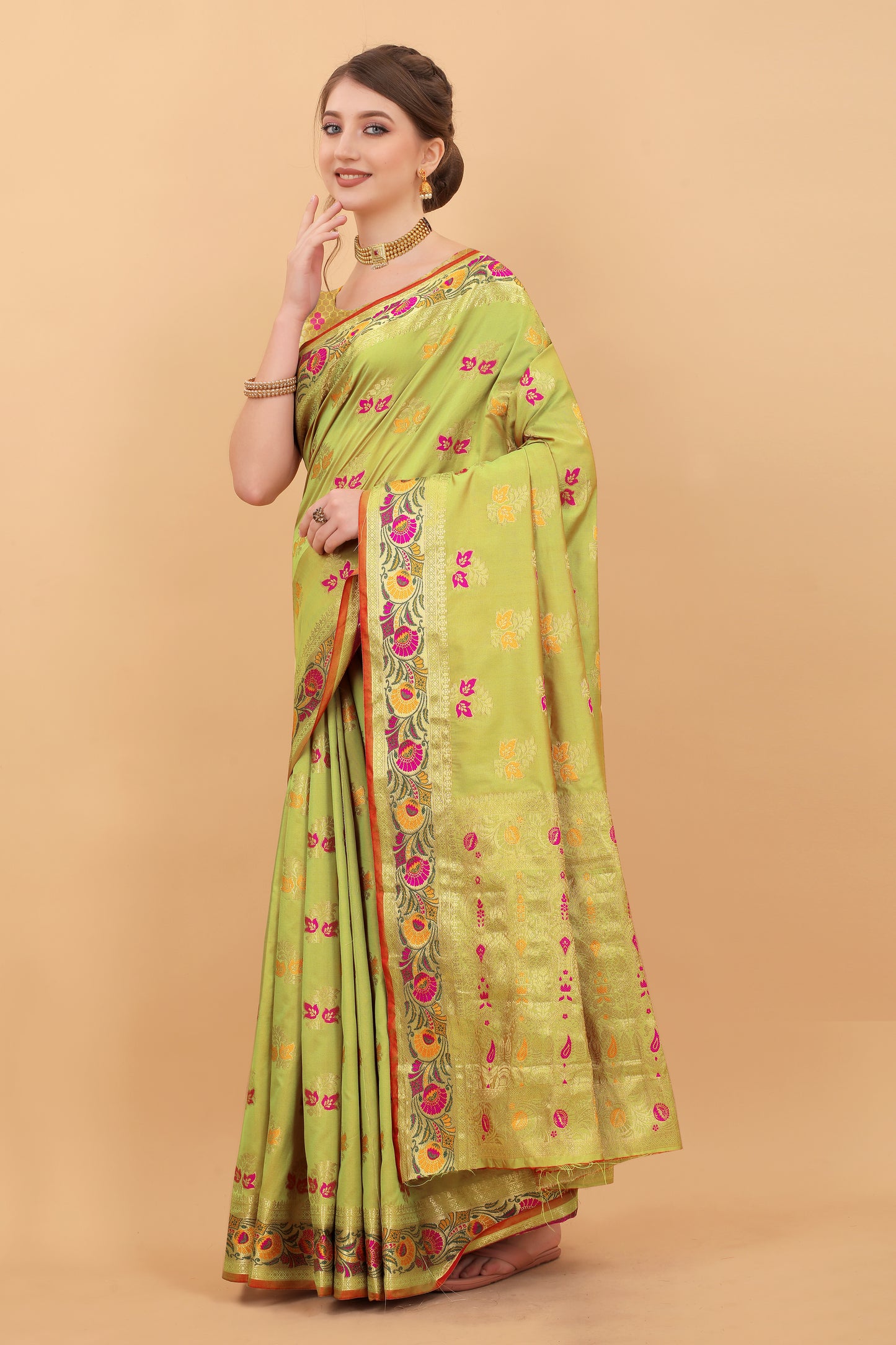 Soft Silk saree with Meenakari weawing design  and Rich Zari weawing Pallu with  zari weawing  border