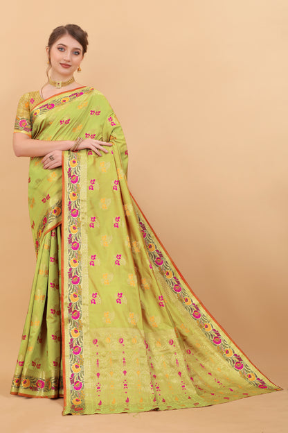 Soft Silk saree with Meenakari weawing design  and Rich Zari weawing Pallu with  zari weawing  border