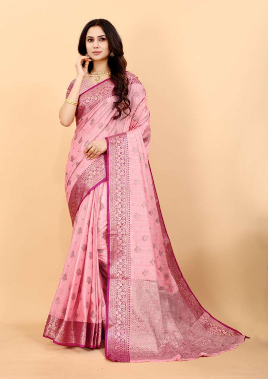 Pink Color Soft Magic Slub Soft Silk Saree  With Rich golden Zari Woven  Pallu & Zari weaving Border Saree With Unstitch Blouse Pieces.